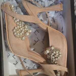 Elegant Pearl Embellished Tan Heels